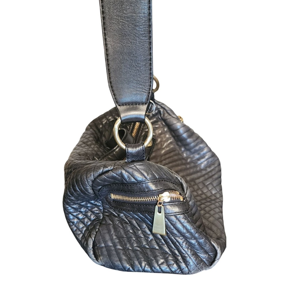 Cynthia Rowley Large Quilted Black Leather Shoulder Bag W Gold Clip Hardware - Picture 3 of 8